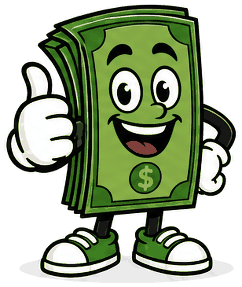 Friendly cash mascot giving a thumbs up